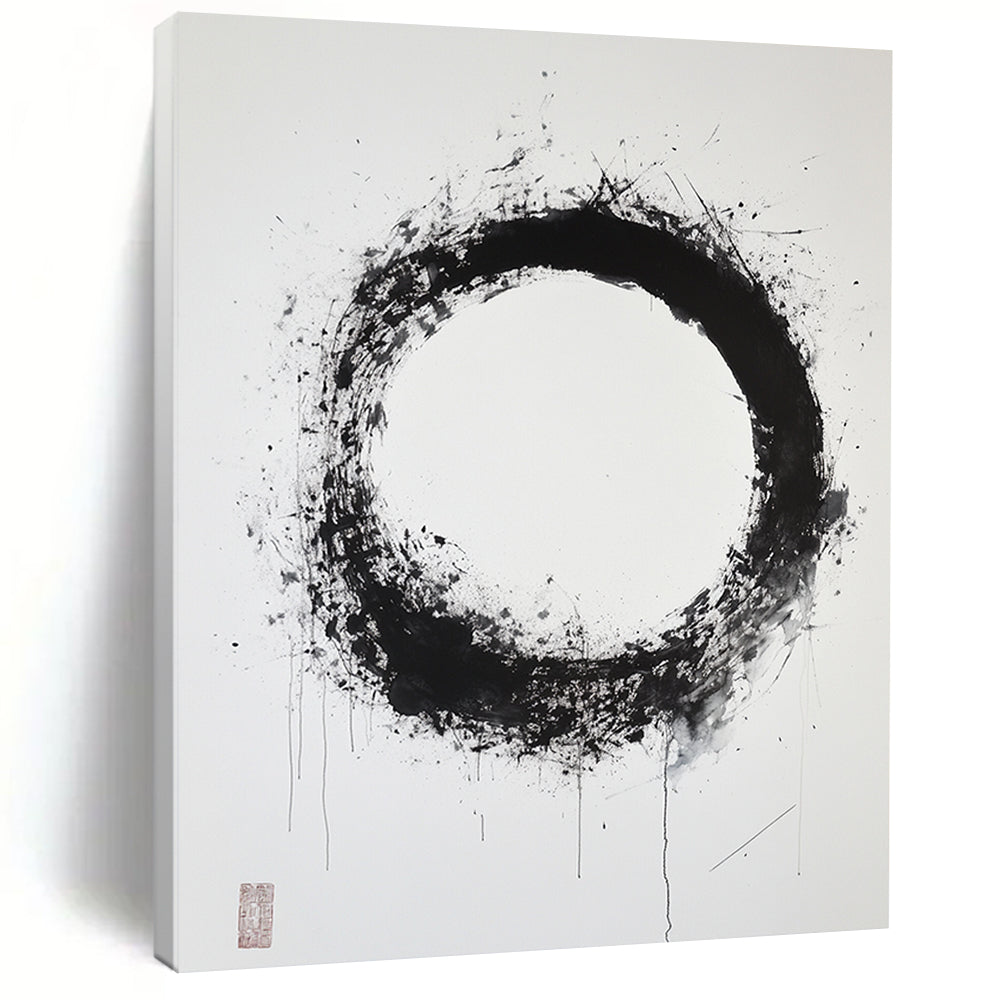 Black & Gray Splattered Circular Ink - “Subtle Enso Depth” Painting On Canvas HB248