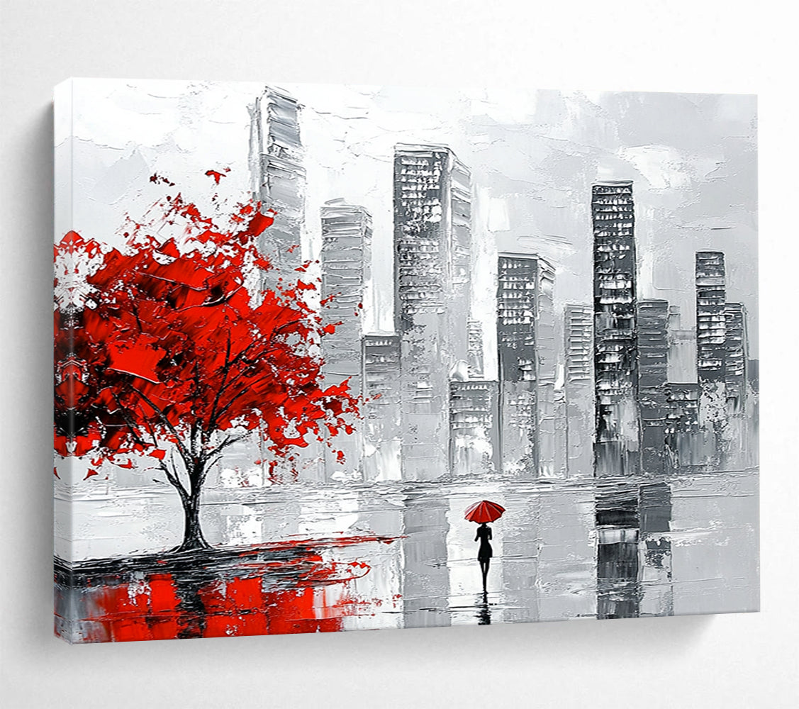 “Red Tree City Walk” - Red, Gray, Black, Urban Scene with Figure - Impasto Acrylic Painting HB1673