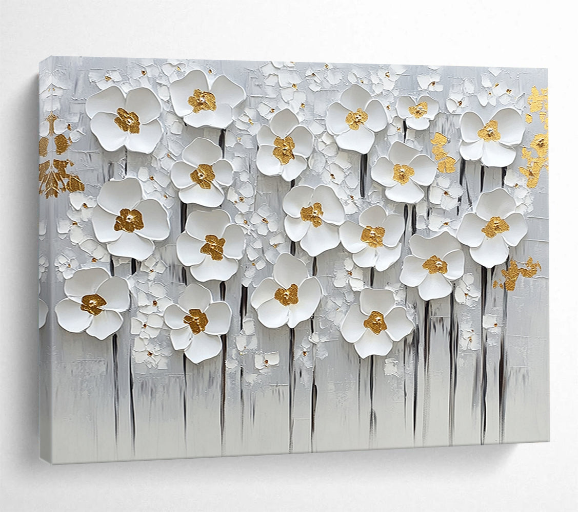 “Elegant White Flowers with Gold Centers” - White, gold, gray; 3D white flowers with gold centers on a gray - textured background; Mixed Media Painting On Canvas HB1199