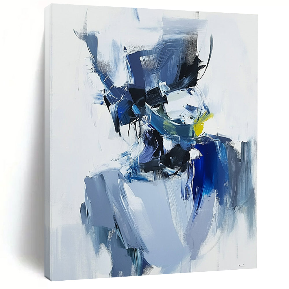 Contemporary abstract artwork featuring expressive blue and white character with brushstrokes, minimalism, and dark gray shapes for an elegant atmosphere. DLZ0951
