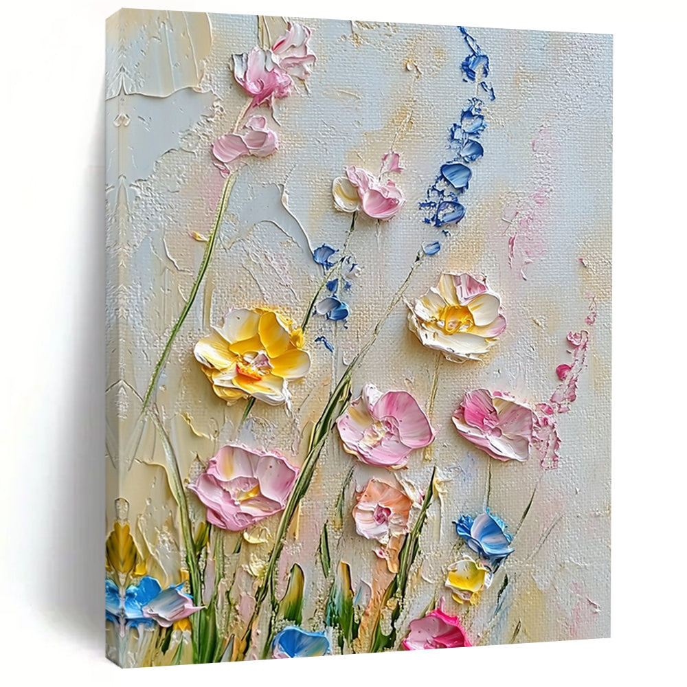 Contemporary hand-painted abstract artwork showcases delicate wildflowers in pastel pinks yellows and blues against a crisp white background. DLZ1246