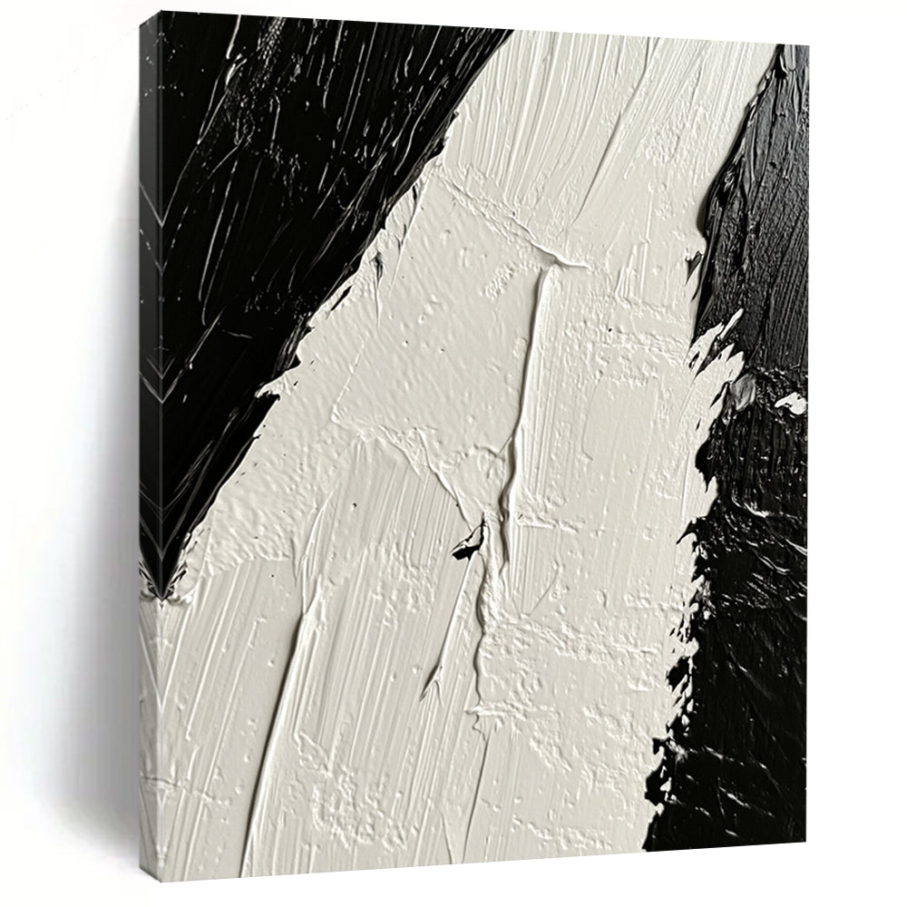 Contemporary hand-painted abstract artwork showcasing intricate white oil paint textures contrasted against deep black tones on canvas. DLZ1745