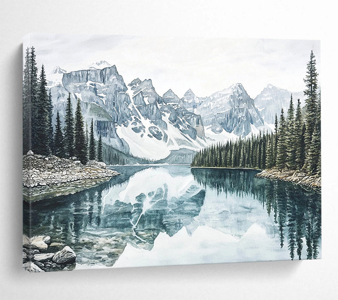 “Realistic Mountain Lake” - Blue, Gray, Mountain, Lake Painting On Canvas HB0763