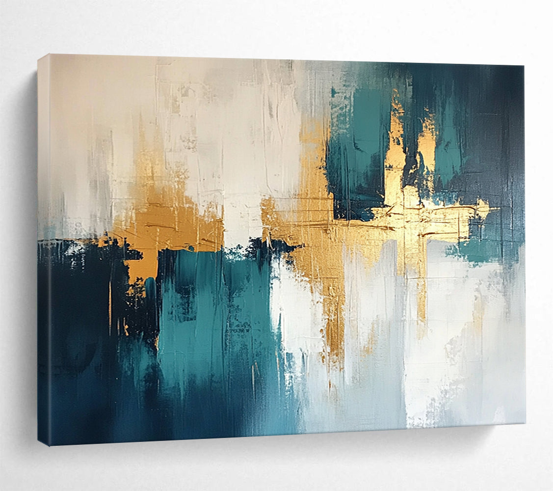 “Teal and Gold Geometric Abstract” - Teal, white, gray, gold; Geometric abstract with gold crosses; Acrylic Painting On Canvas HB1247