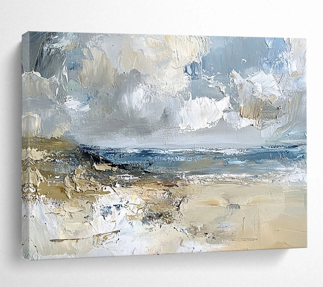 “Impasto Beachscape” - Gray, Blue, Beige, Textured Seaside Scene Painting On Canvas HB1032