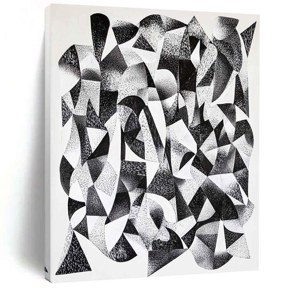 Black and White Geometric Abstraction "Monochrome Geometry" Painting On Canvas HB390