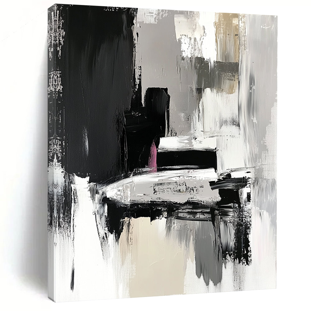 Contemporary hand-painted abstract artwork in black and grey features expressive brushstrokes with fluid shapes and textured surfaces depicting a car in an art gallery. DLZ0924