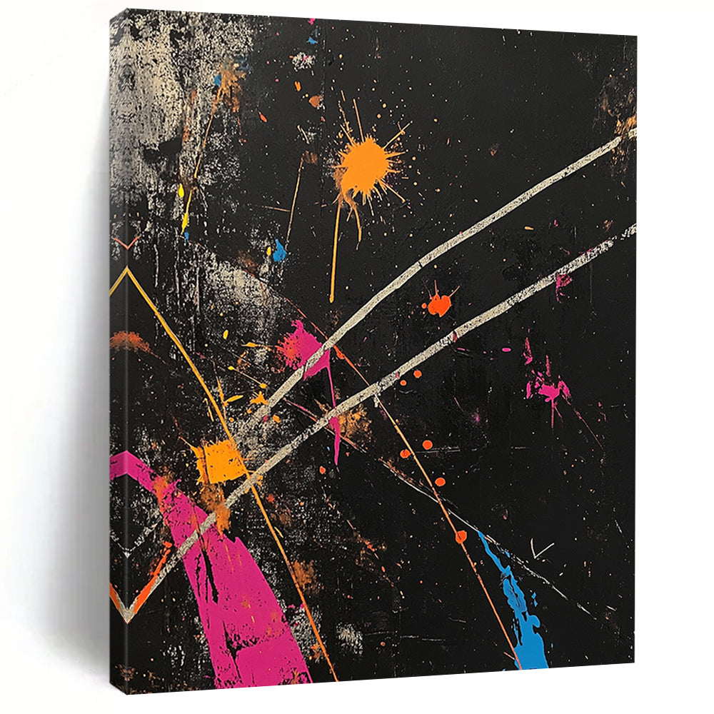 Black, Colorful Splashes, White Lines "Vibrant Chaos" Abstract Painting On Canvas HB021