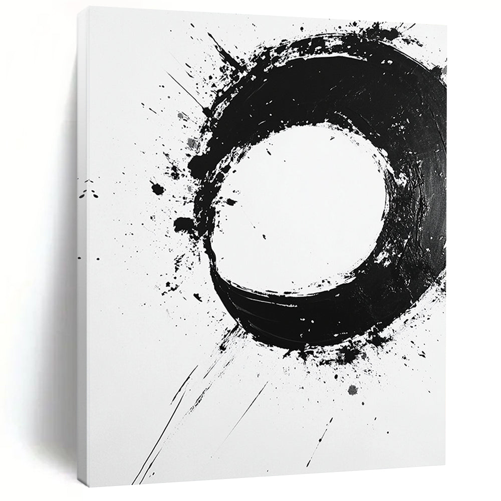 Black Splattered Circular Ink - “Expressive Enso Mark” Painting On Canvas HB232