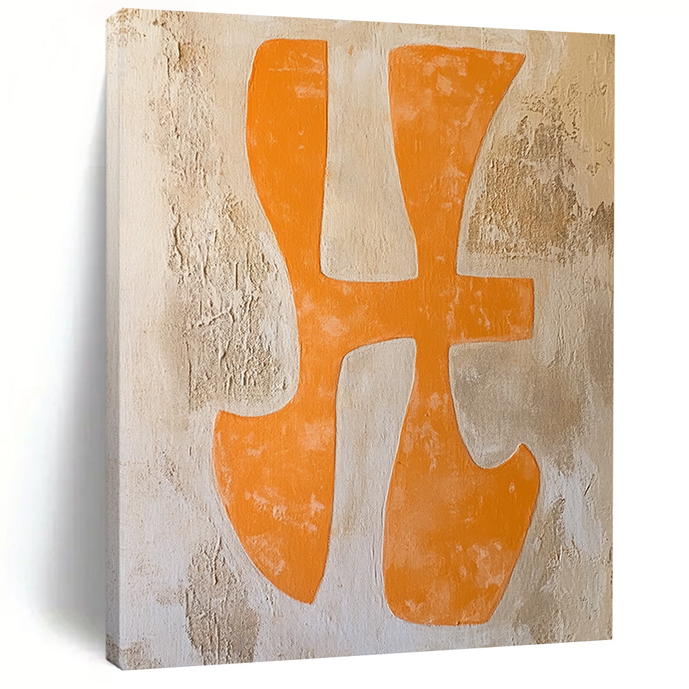 Contemporary abstract painting featuring orange "Xing" characters in a textured canvas with warm terracotta and pale yellow hues. DLZ1706