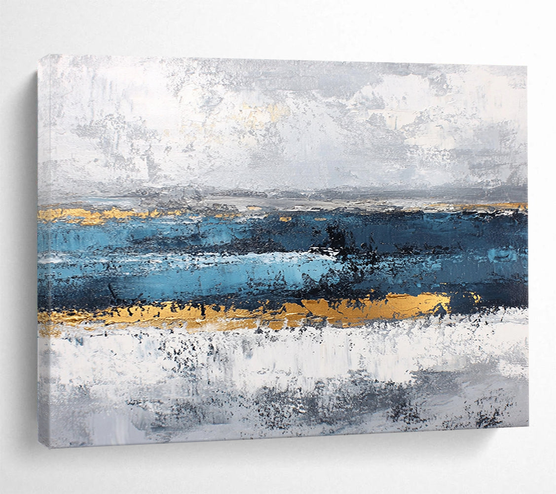 “Gray - Blue Abstract with Gold Accents” - Gray, Blue, Gold, Horizontal Strokes Painting On Canvas HB0838