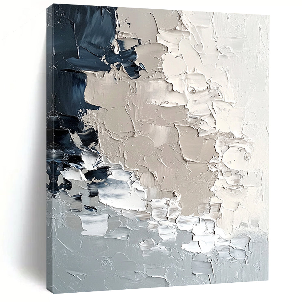 Contemporary hand-painted abstract art featuring textured icebergs in soft neutral tones and melting snowflakes, evoking a modern minimalist aesthetic. DLZ0427