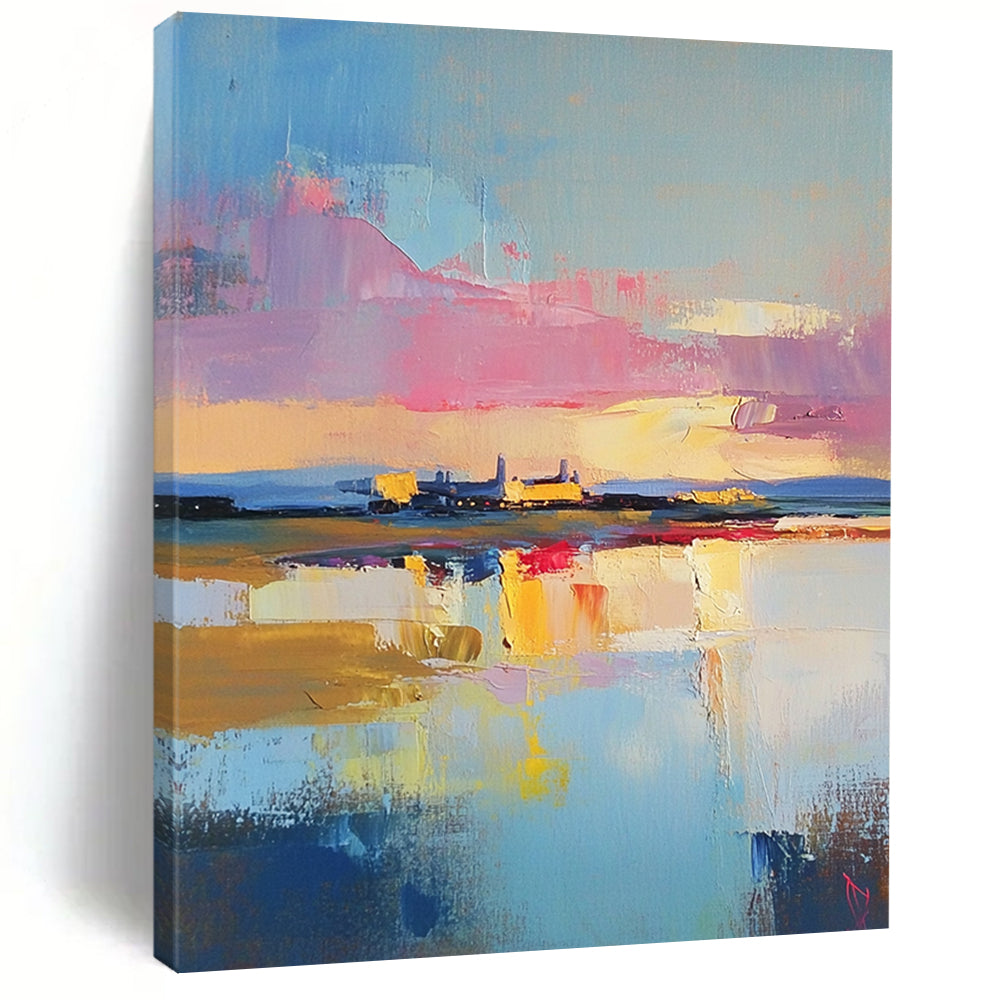 Contemporary abstract painting showcasing a dreamy oil-painted sky above an RAF base with vibrant scripted colors reflecting on water below. DLZ0660