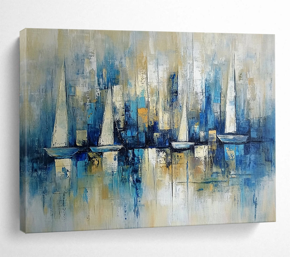 “Blue Sailboat Skyline” - Blue, Beige, White, Abstract Harbor - Impressionist Oil Painting HB1498