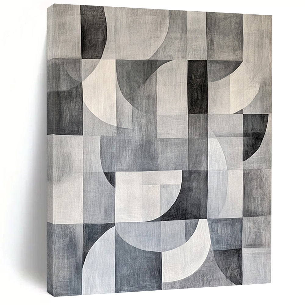 Gray, Black and White Geometric Circles and Squares "Monochrome Harmony" Painting On Canvas HB370