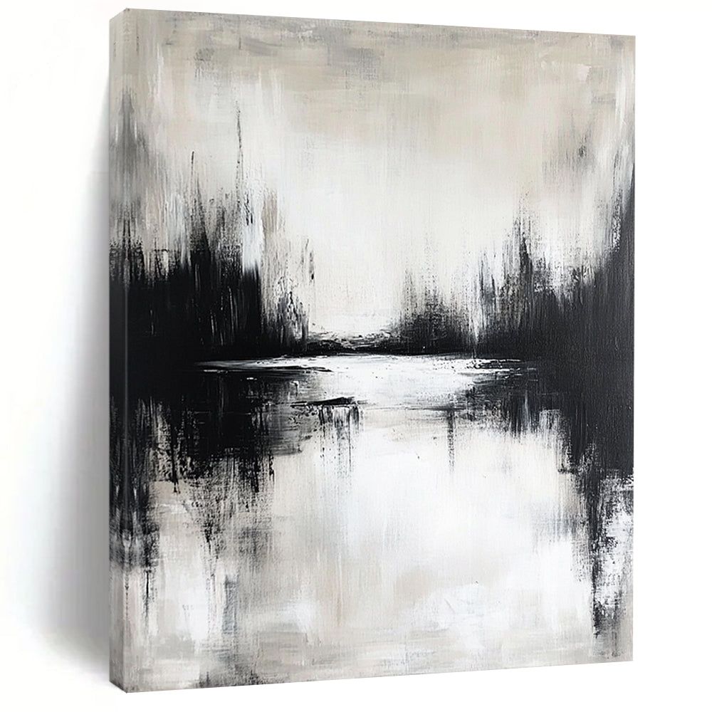 Contemporary hand-painted abstract artwork featuring a moody lake reflection in neutral tones and atmospheric black and white design. DLZ0310