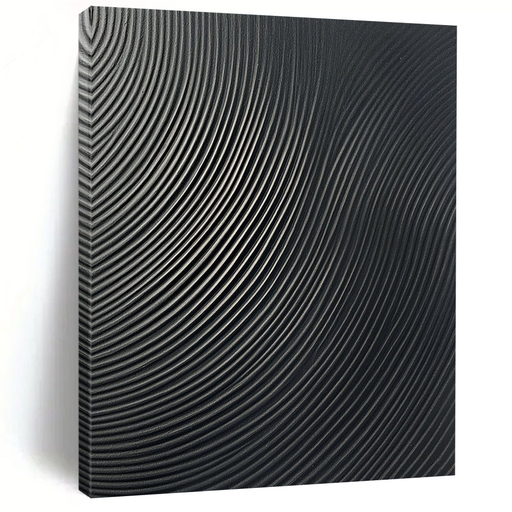 Contemporary abstract wall art features a glossy dark gray surface with sleek vertical lines creating an eye-catching wave pattern for any modern space. DLZ1149