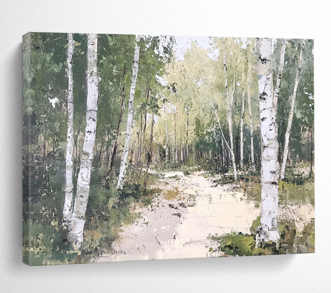 “Birch Forest Path” - Greens, Whites, Earthy Browns, Forest Path - Oil Painting HB1619