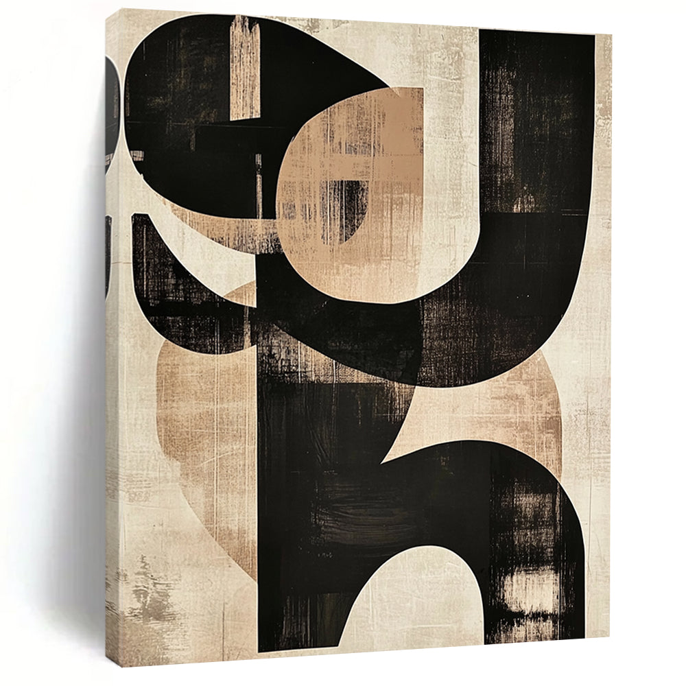 Large contemporary hand-painted abstract art featuring black and beige shapes with prominent S letters on textured paper. DLZ0295