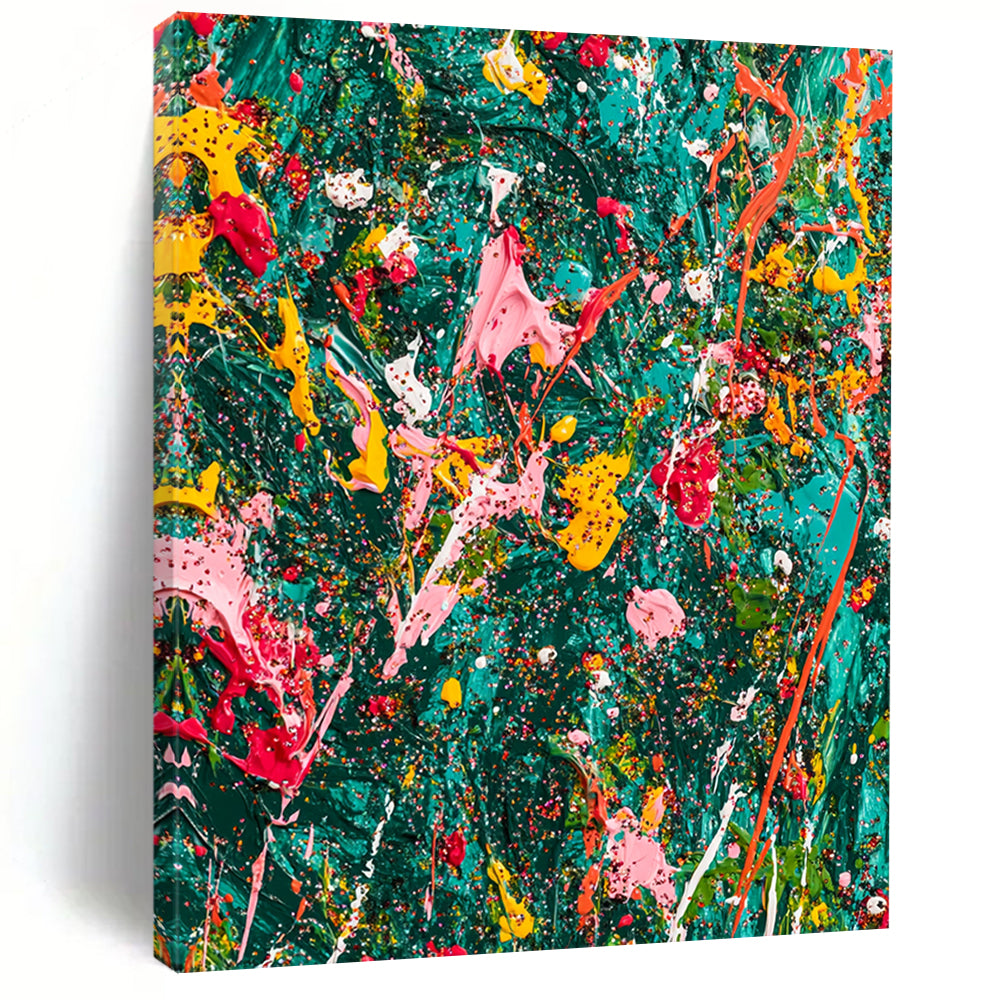 Vibrant abstract expressionist painting on teal canvas showcasing chaotic splattered paint and glitter with rich colors and dynamic brushwork in a jungle-green background. DLZ1178