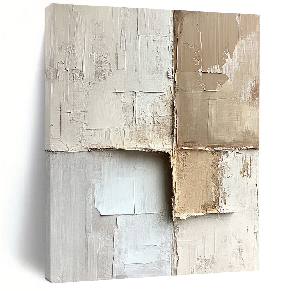 Contemporary hand-painted abstract artwork with textured beige and white blocks showcasing minimalism and neutral tones on canvas. DLZ0286