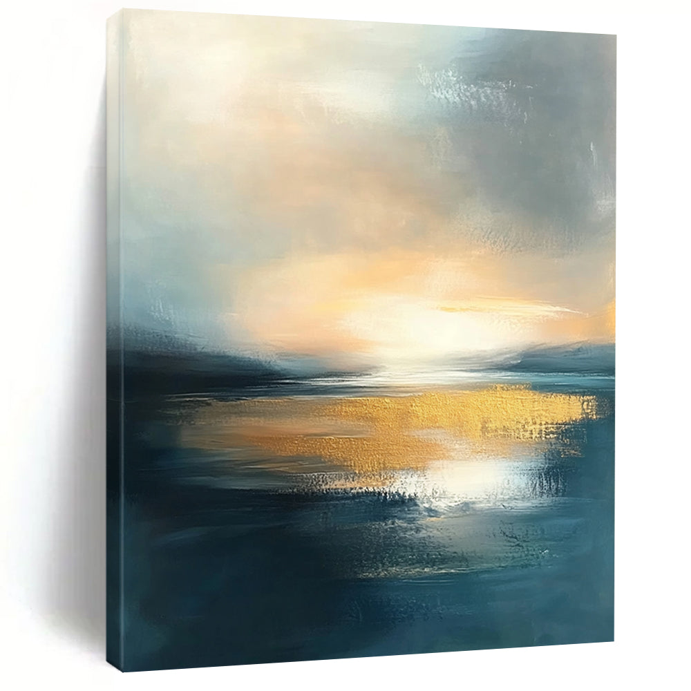 Contemporary abstract painting featuring water and sky at sunset with muted tones and gold accents, perfect for elevating any space. DLZ0494