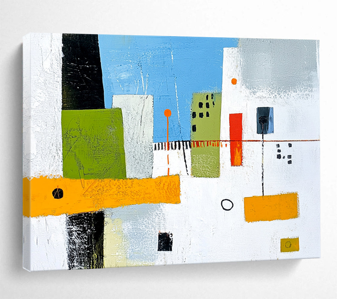 “Geometric City Blocks” - Greens, blues, oranges, whites; Abstract geometric city buildings; Minimalist Acrylic Painting On Canvas HB1179