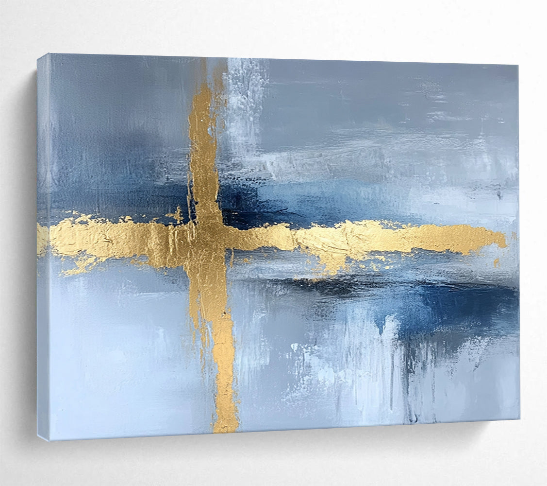 “Gold Cross on Blue - Gray Abstract” - Gold, Blue, Gray, Cross Shapes Painting On Canvas HB0816