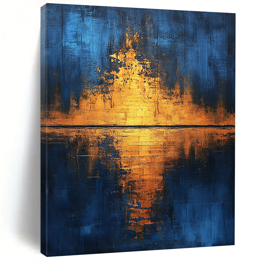 Contemporary hand-painted abstract art featuring golden light reflections on water with blue and gold hues enhanced by gold foil and textured canvas. DLZ0506