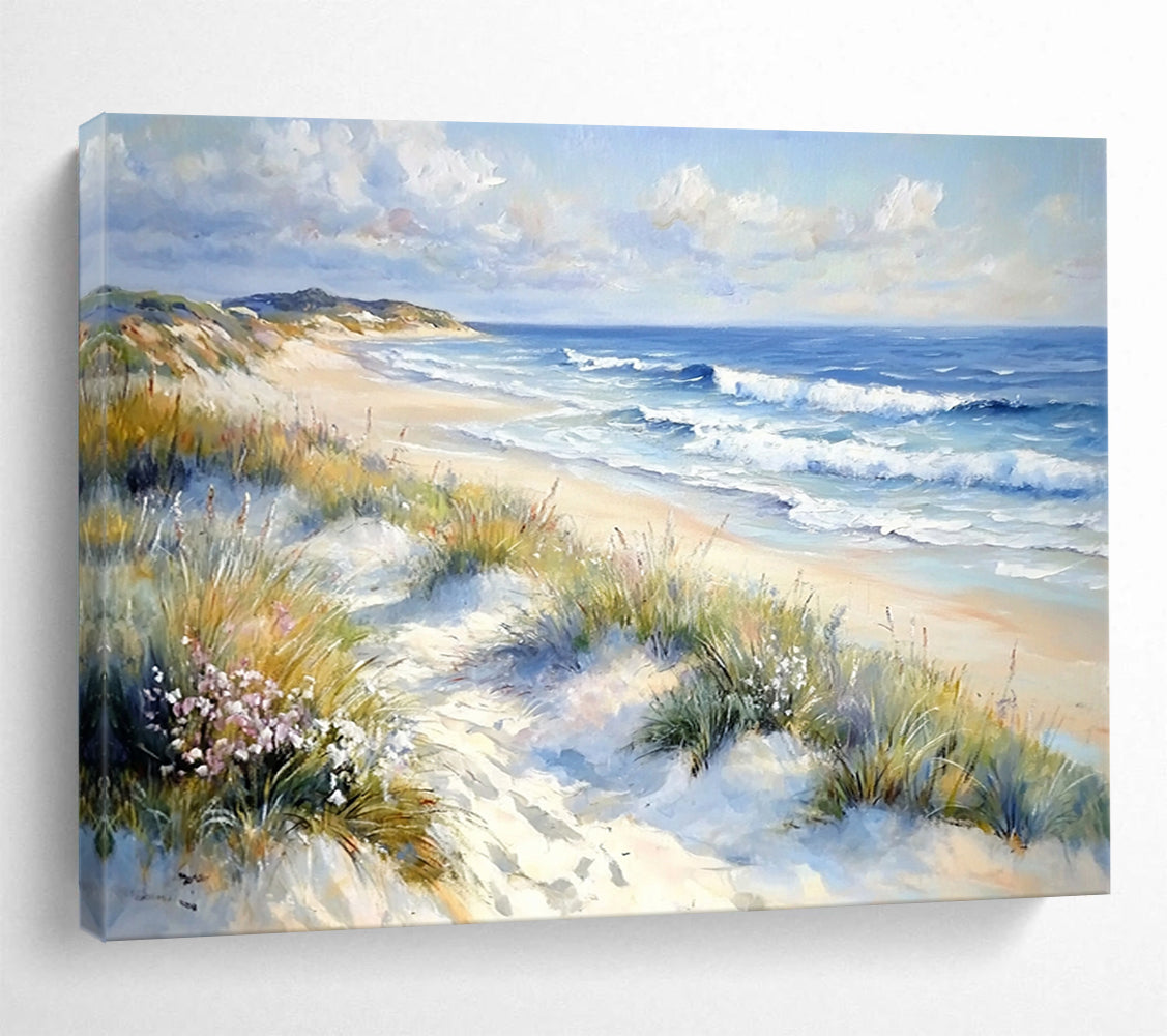 Blue, White, Yellow and Green Beach Landscape "Coastal Calm" Painting On Canvas HB0662