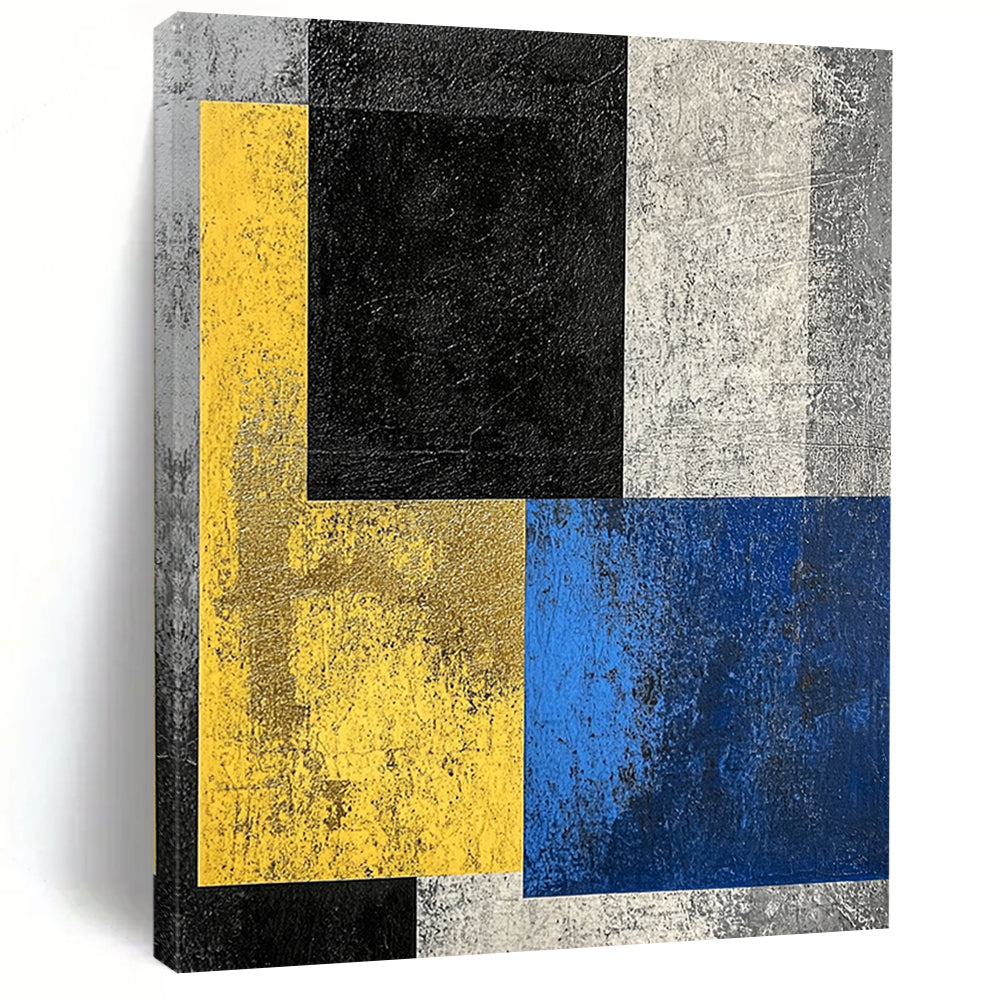 Black, Yellow, Gold, Blue, Gray with Textured Blocks "Colorful Contrast" Abstract Painting On Canvas HB010