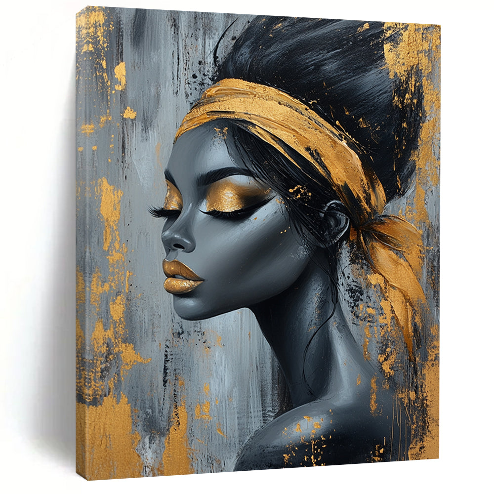 Contemporary abstract art featuring an elegant African woman with black and gold hair on a textured gray background adorned with gold paint splashes. DLZ0570
