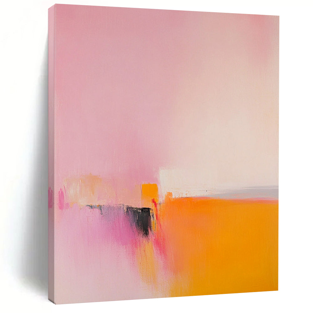 Contemporary abstract painting featuring muted pinks and yellows with soft oranges and minimalism showcasing an abstract dragon head under a vast sky. DLZ1657