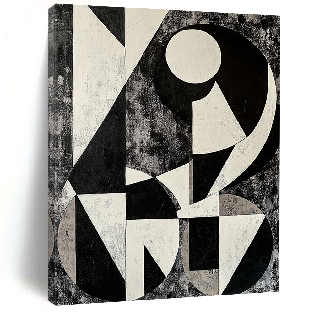 Black, White and Gray Geometric Abstraction "Monochrome Maze" Painting On Canvas HB392