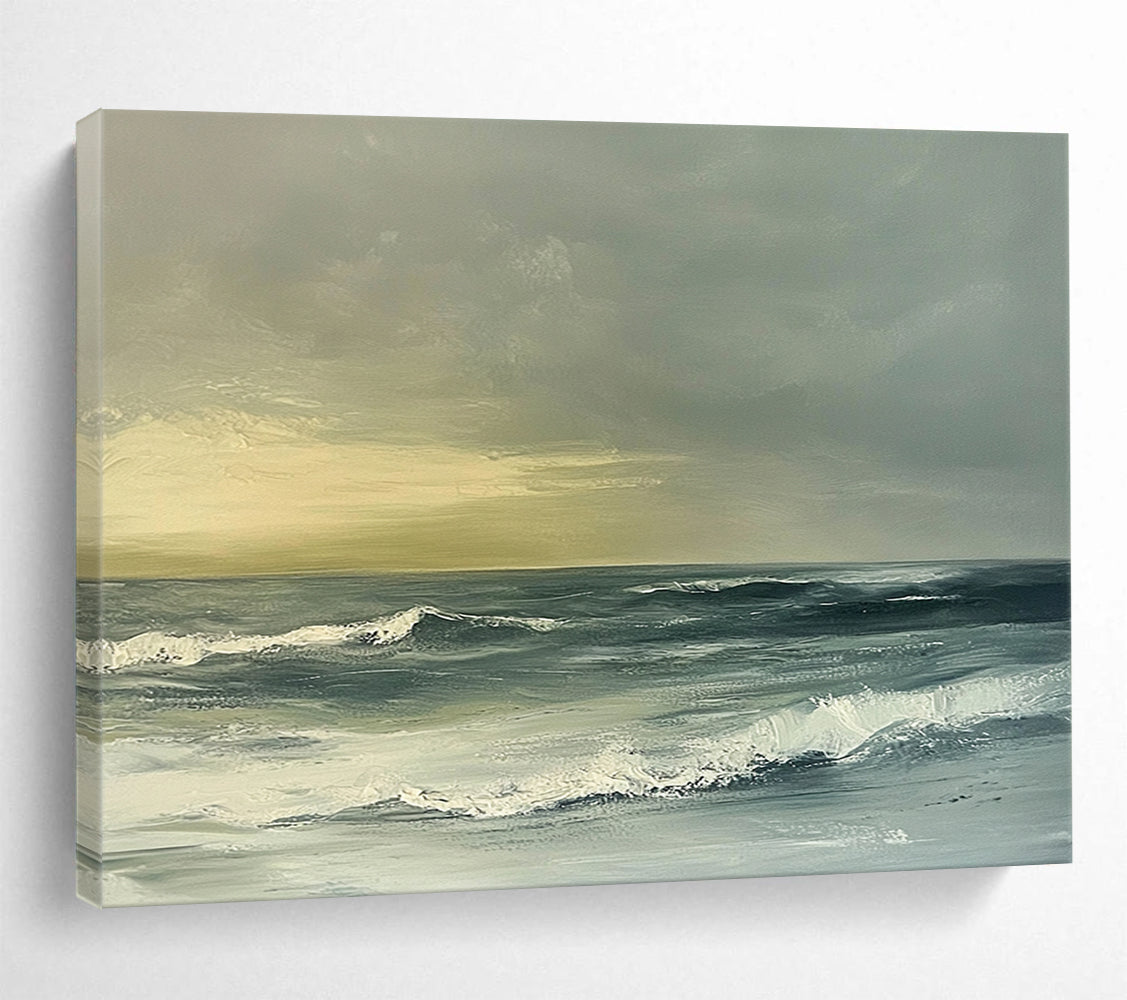 Green, Gray, White and Beige Subtle Seaside "Quiet Surf" Painting On Canvas HB0674