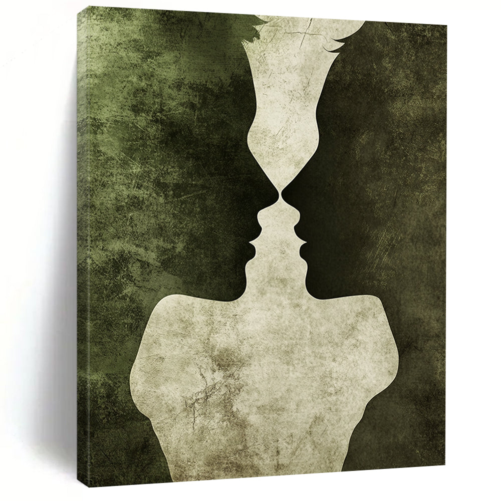 Contemporary hand-painted abstract artwork featuring entwined silhouettes in dark green and gray tones symbolizing love with rich textures and romantic atmosphere. DLZ1337