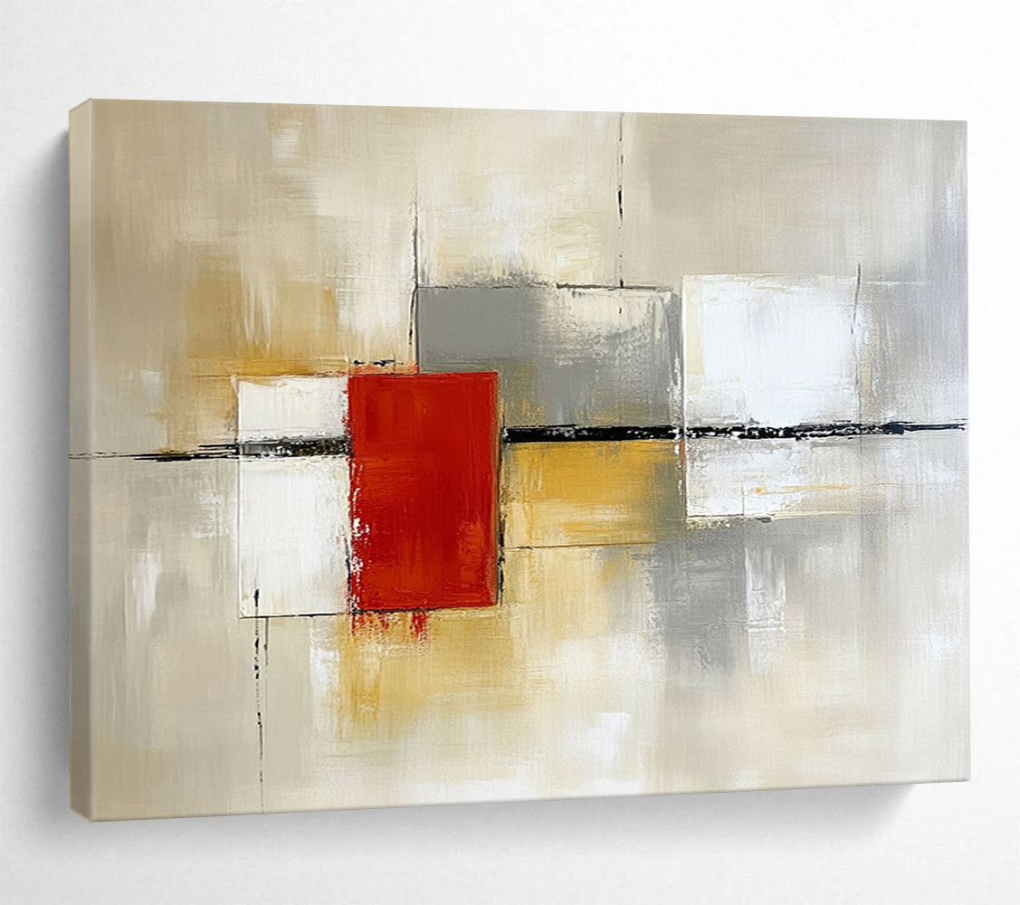 “Geometric Abstract in Neutral Tones” - Beige, gray, white, red; Geometric abstract with a central red square; Acrylic Painting On Canvas HB1257