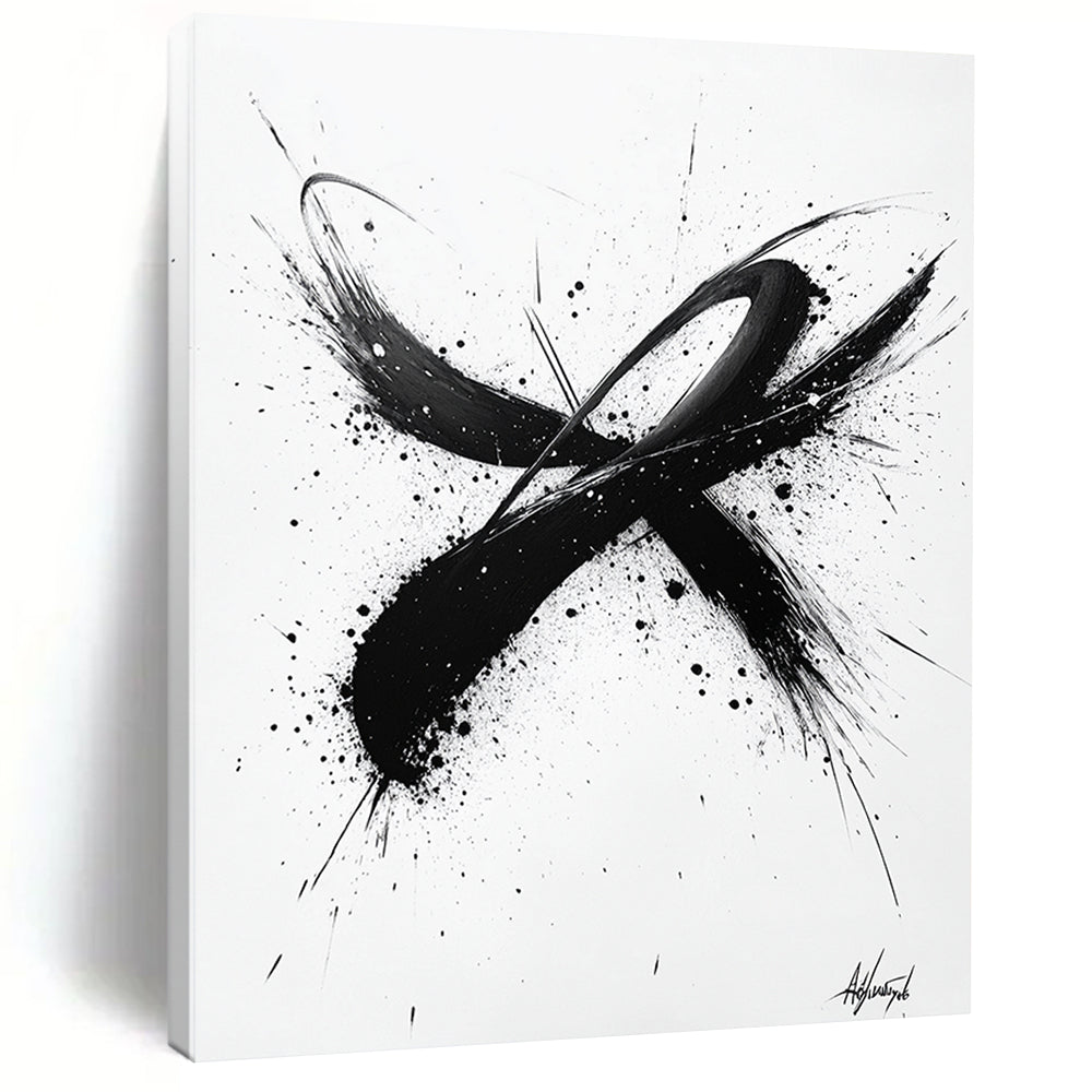 Black Brush Strokes & Splatters on White - “Dynamic Ink Energy” Painting On Canvas HB214