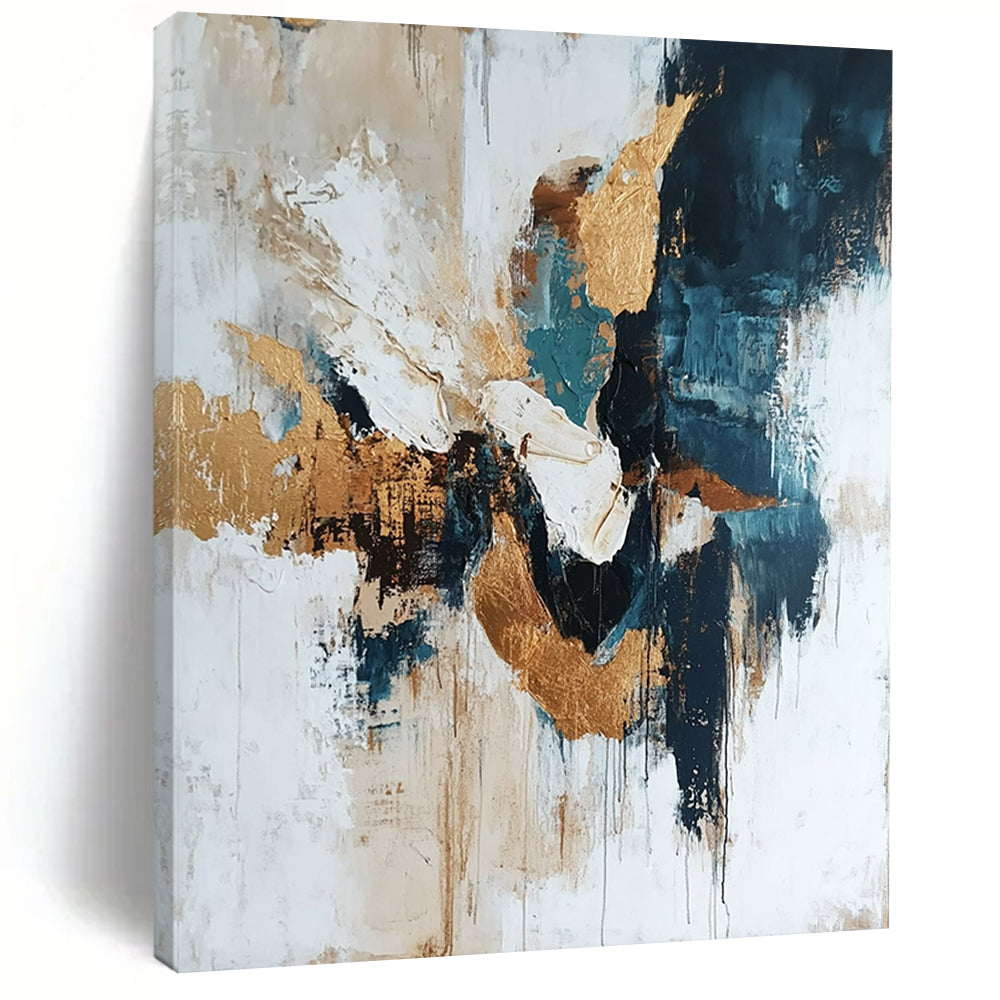 Contemporary abstract artwork featuring gold leafing and glitter on a white background with organic shapes and diverse tones of blue and gray. DLZ0543