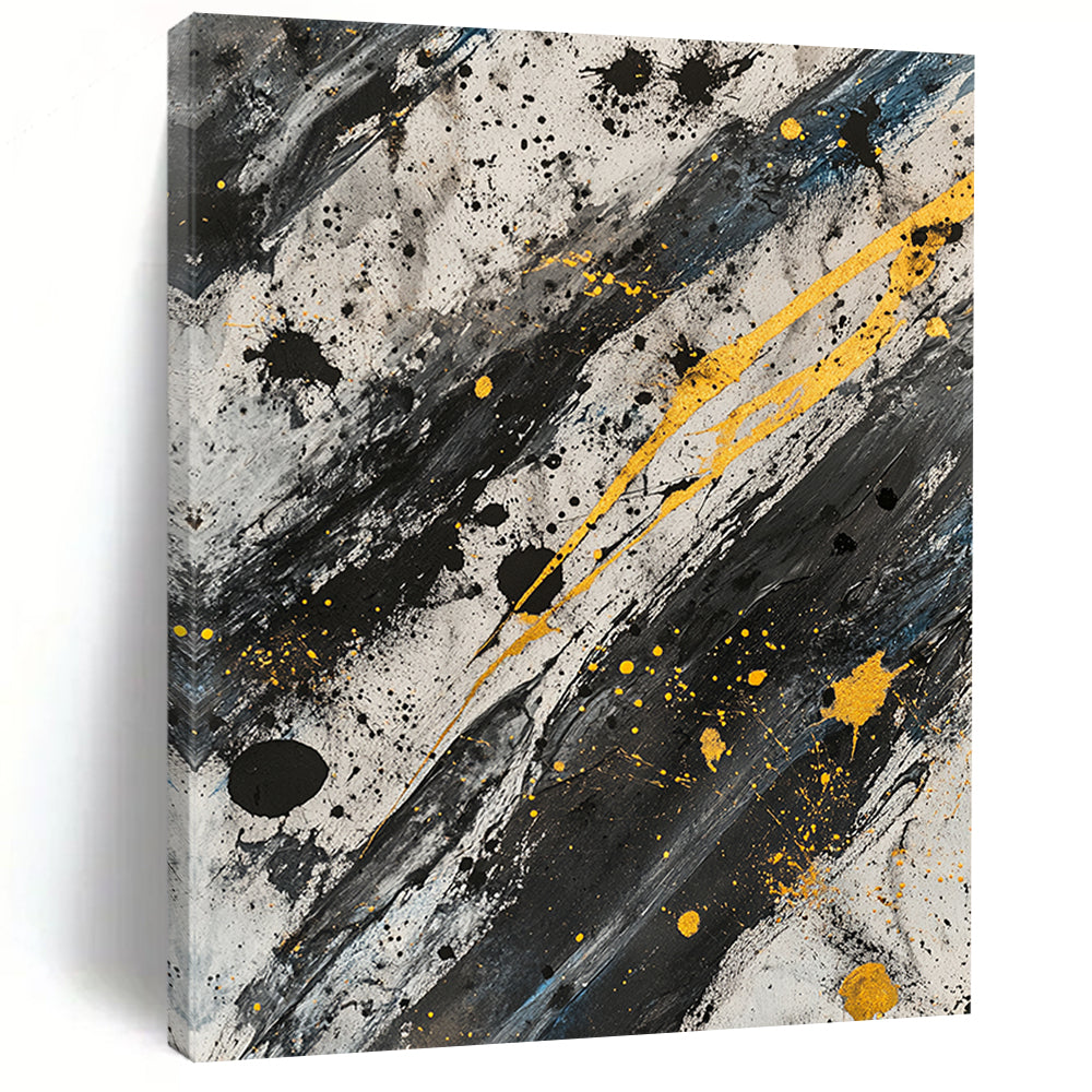 Black, White, Gray and Gold Splatter "Gilded Chaos" Painting On Canvas HB305