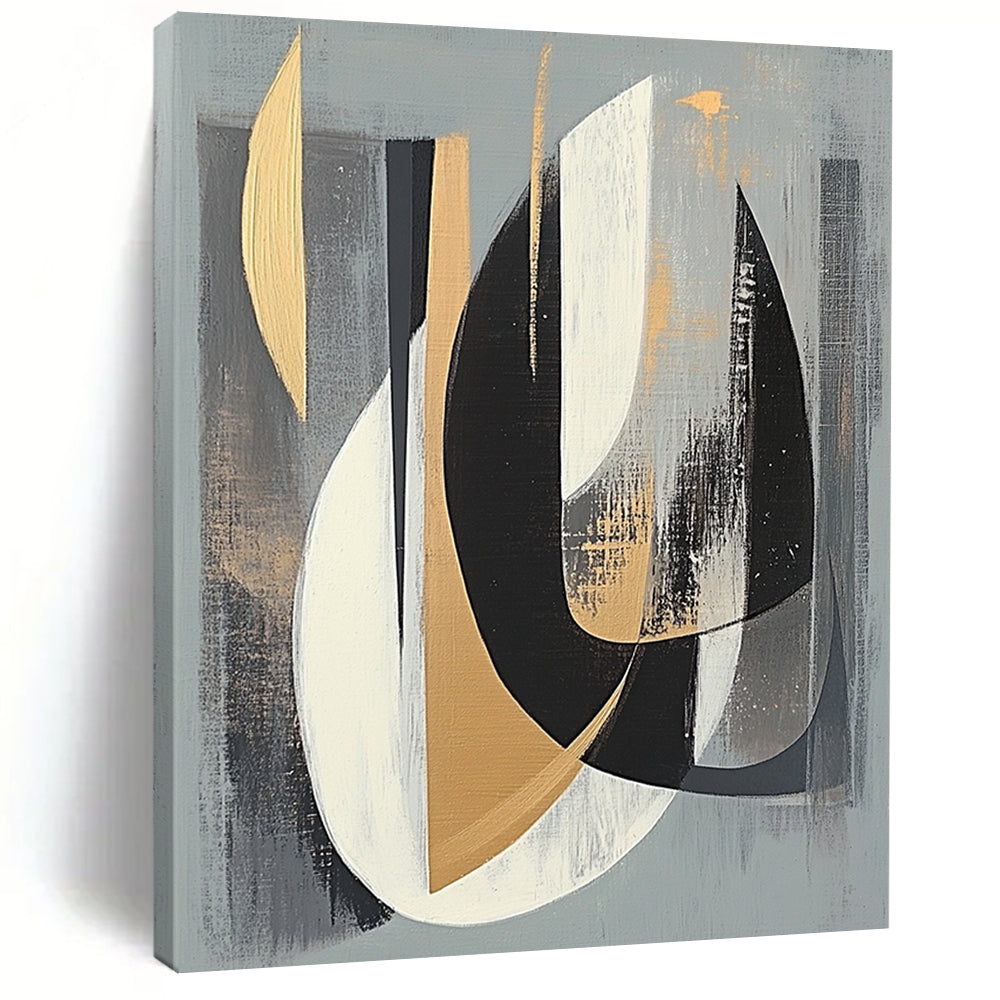 Gray, Black, White and Gold Abstract Shapes "Mystic Fusion" Painting On Canvas HB353