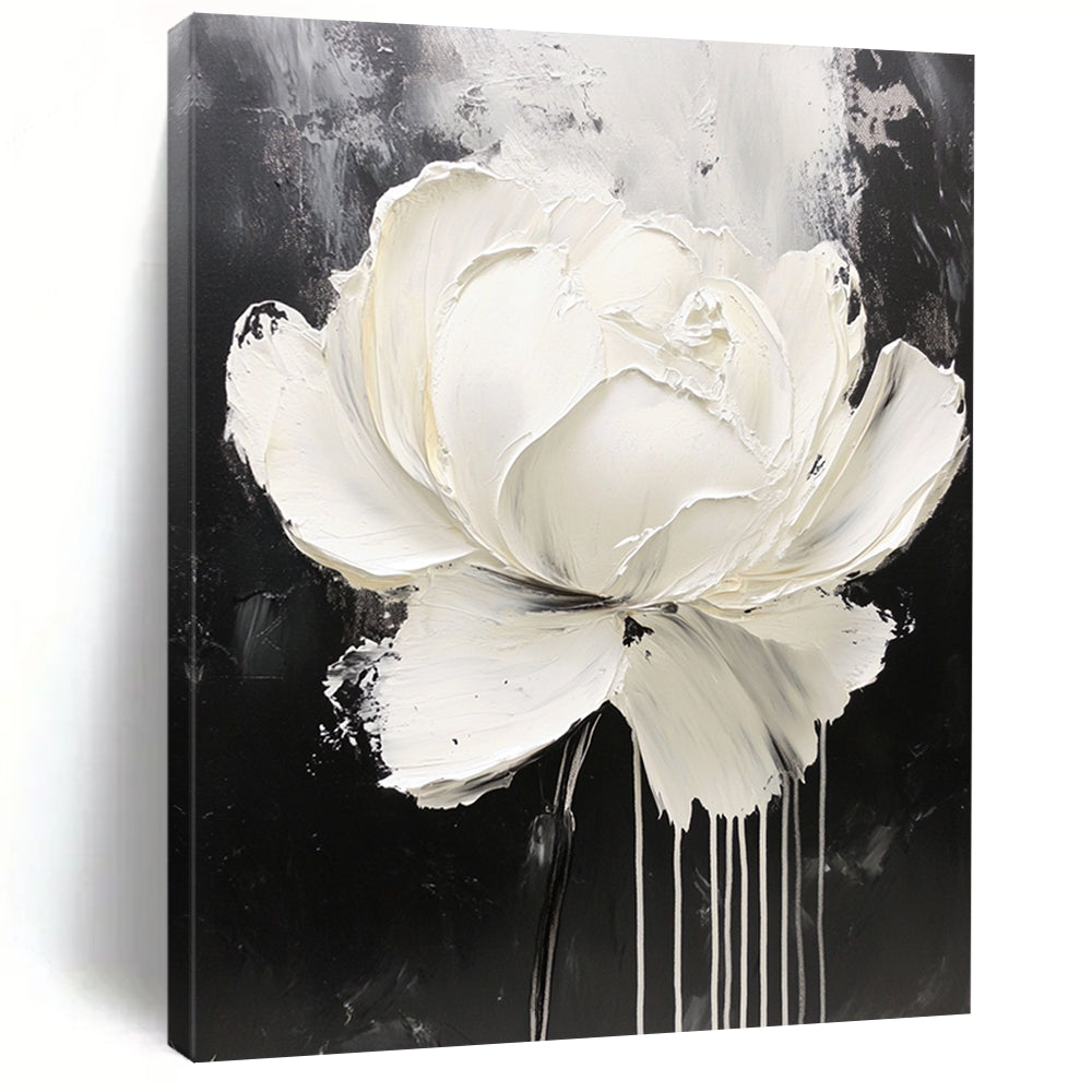 Contemporary abstract oil painting featuring a white rose with dripping paint on a minimalist black and gray background, showcasing intricate details and expressive petals. DLZ0829