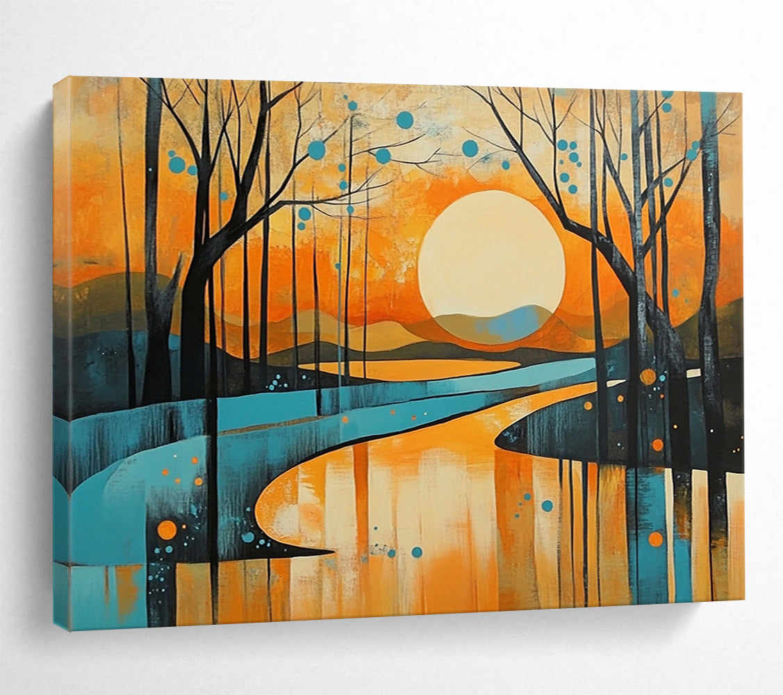 “Sunset Forest Landscape” - Orange, blue, yellow, Modern Landscape Painting HB0627