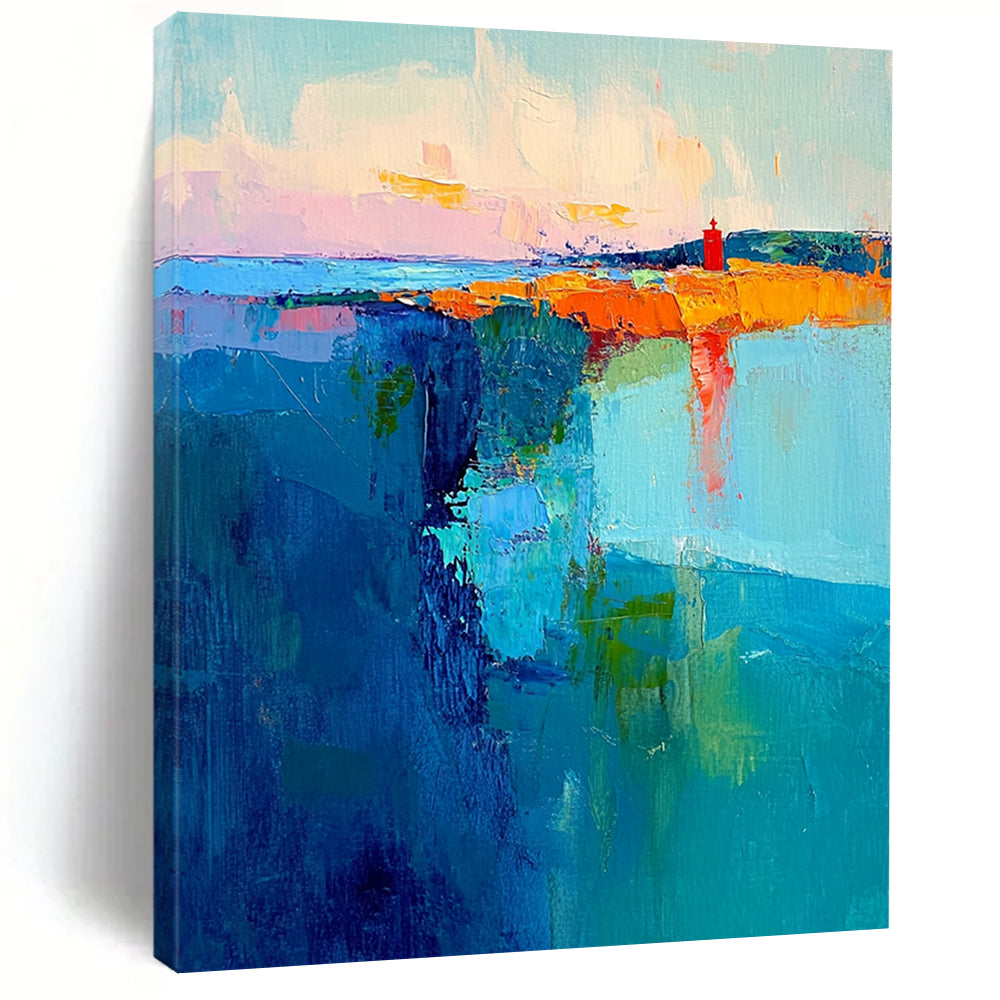 Contemporary abstract canvas showcases swirling teal and blue brushstrokes with a pastel sky and a striking red lighthouse embodying energy and tranquility. DLZ0363