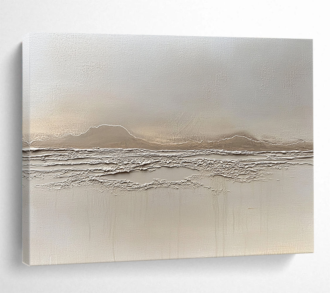 “Textured Beige Landscape Relief” - Beige, Textured Mountain & Sea Painting On Canvas HB0790