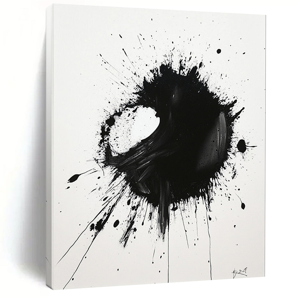 Black Asymmetric Splatter on White - “Unbalanced Ink Drama” Painting On Canvas HB219