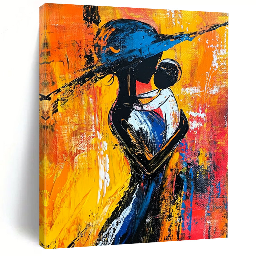 Contemporary abstract painting showcasing a woman in black and white with a blue hat surrounded by warm reds yellows and oranges vibrant brush strokes. DLZ1499