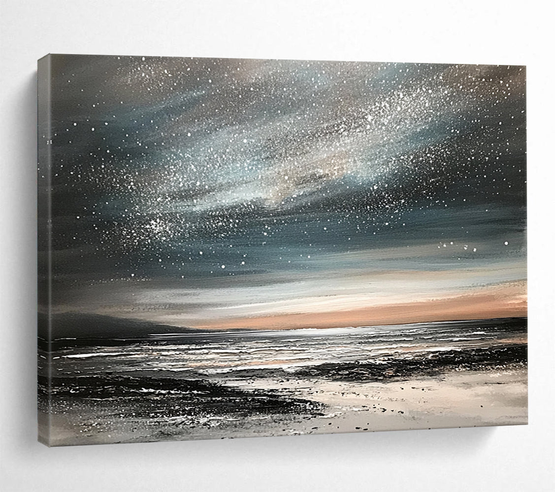 “Starry Night Coastal” - Black, Gray, Silver, Orange, Dreamy Night Sky & Sea Scenes Painting On Canvas HB1025