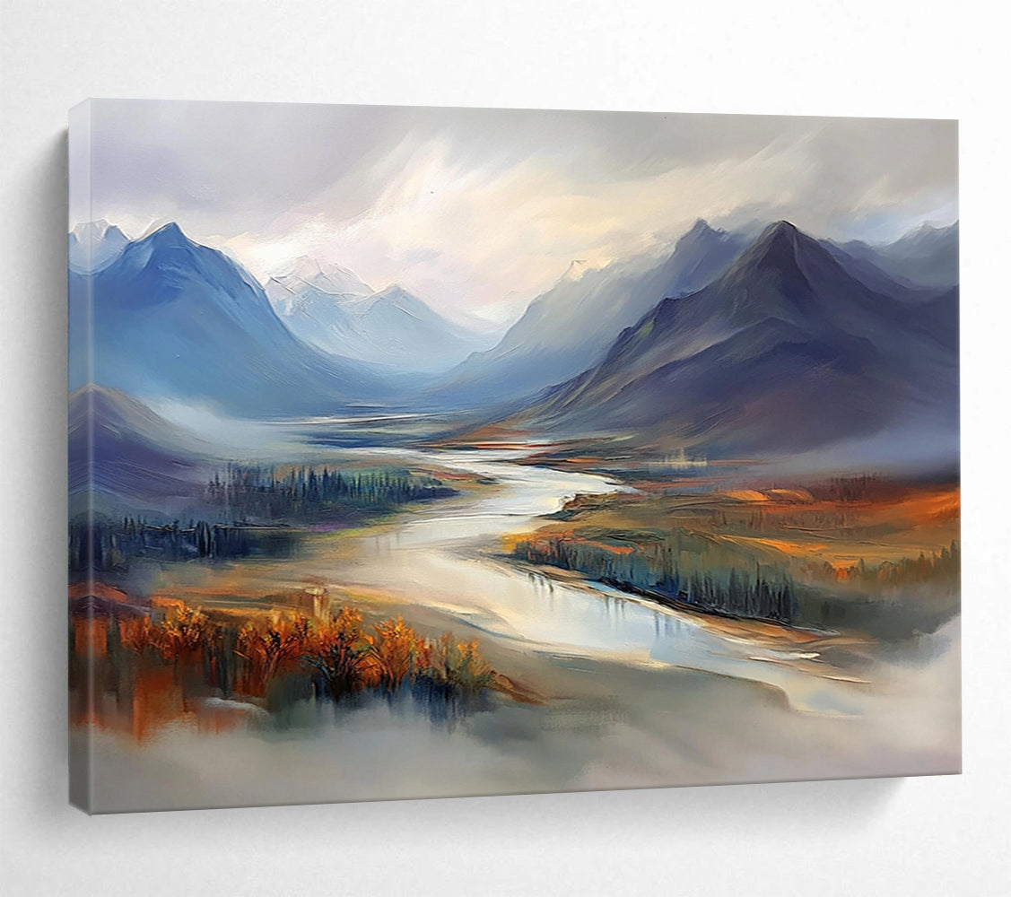 Misty Mountain Valley with River - Ethereal Landscape Painting On Canvas HB0452
