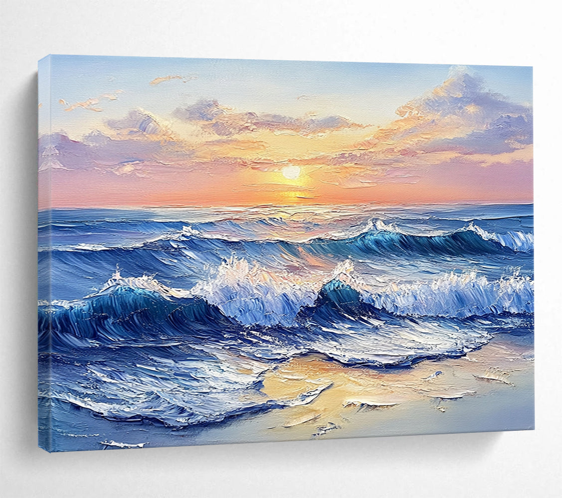 “Sunset Sea Waves” - Blues, Oranges, Yellows, Ocean Waves at Sunset - Impasto Oil Painting HB1706
